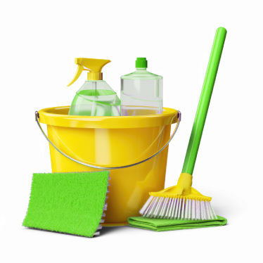 Cleaning bucket with spray bottles and a broom