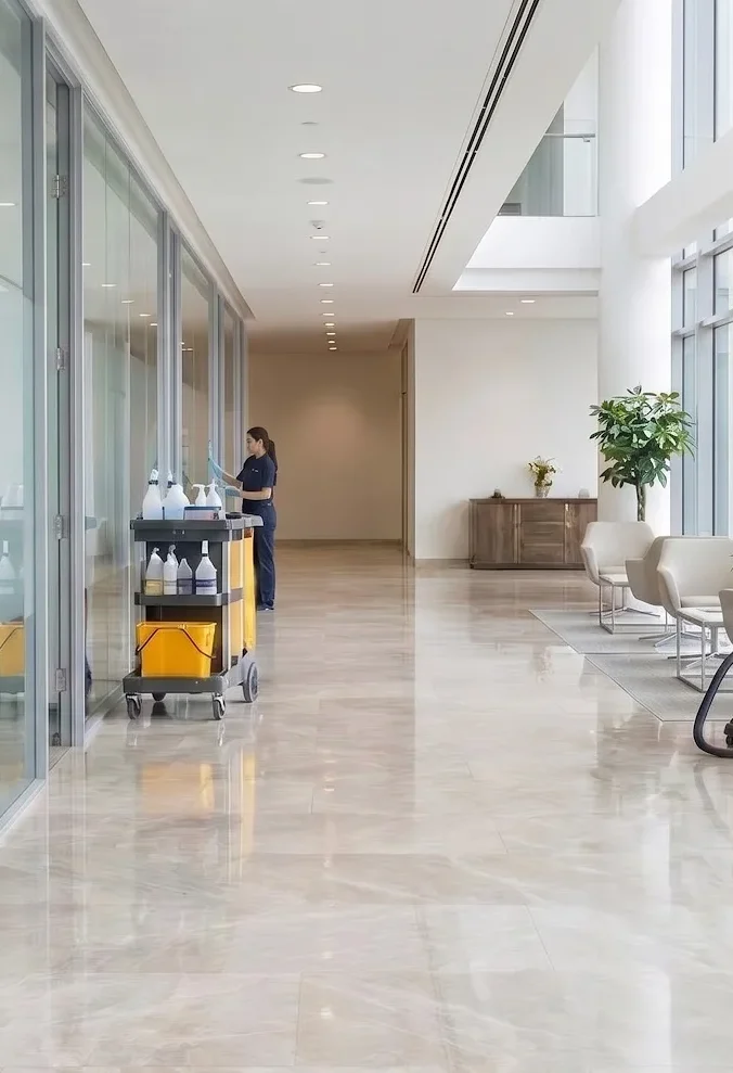 DMS Janitorial cleaning technicians servicing an office