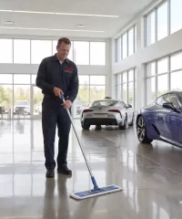 DMS janitor mopping an auto dealership showroom floor