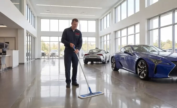 DMS janitor mopping an auto dealership showroom floor
