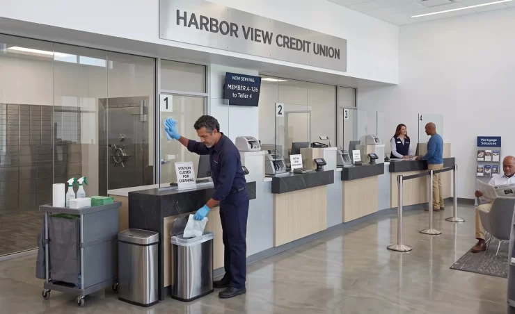 DMS janitor cleaning a bank lobby