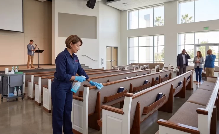 DMS janitor cleaning between church pews