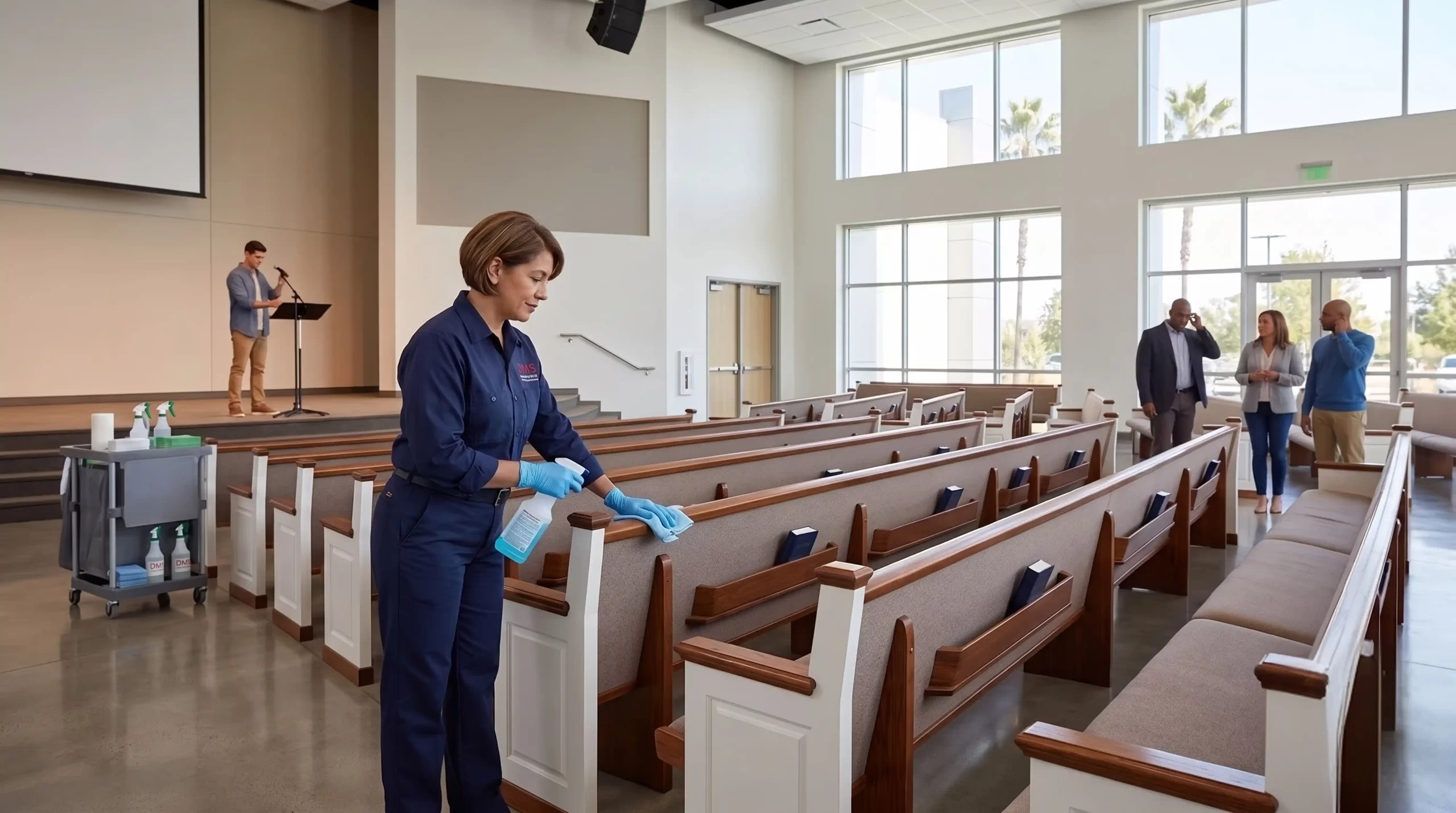 DMS janitor cleaning between church pews