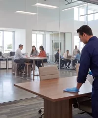 DMS janitor cleaning desks in a corporate office
