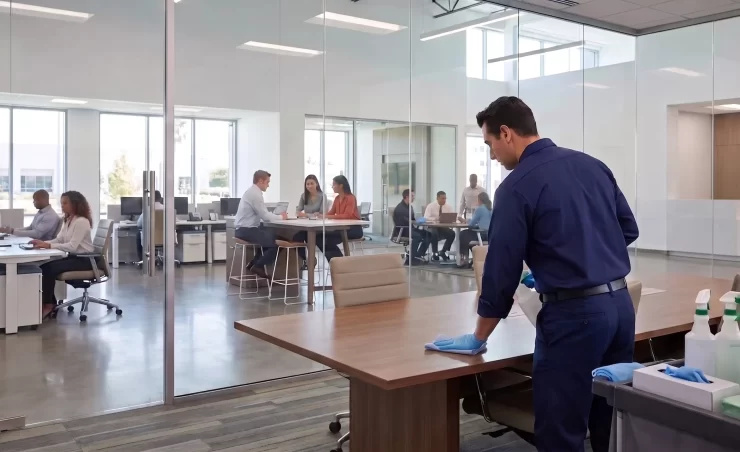 DMS janitor cleaning desks in a corporate office