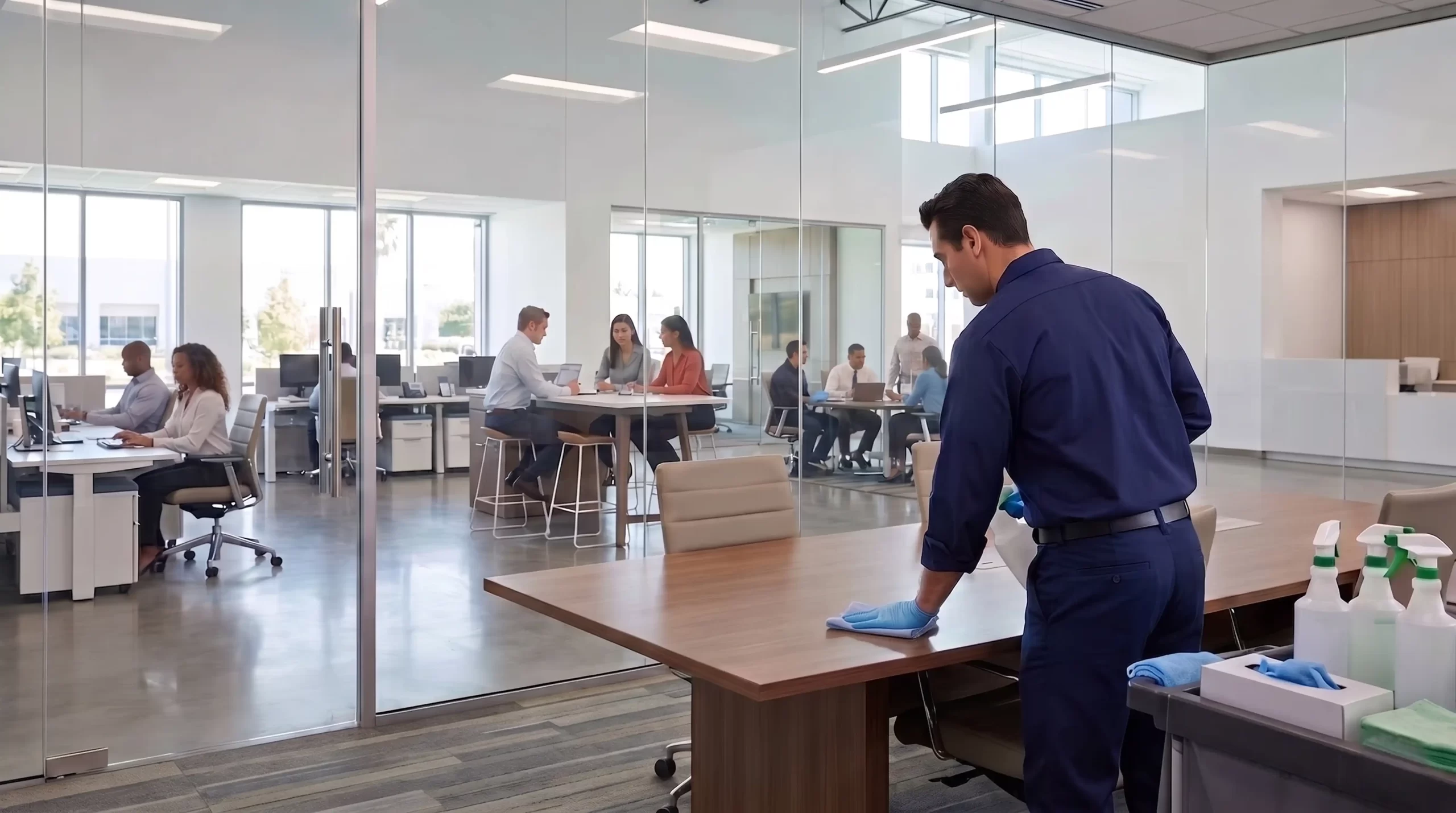 DMS janitor cleaning desks in a corporate office