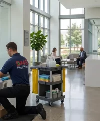DMS day porter cleaning an office workspace