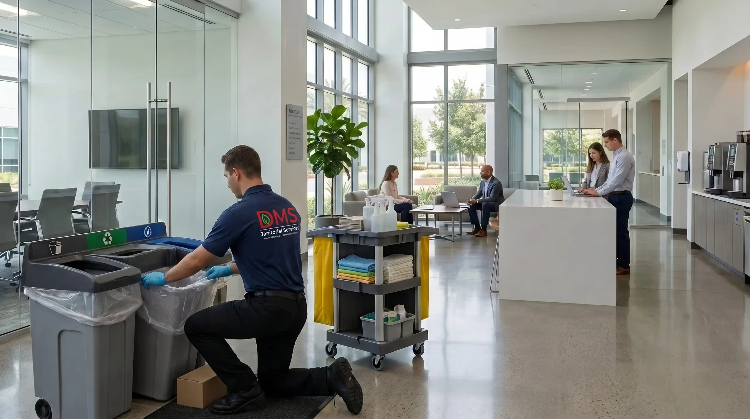 DMS day porter cleaning an office workspace