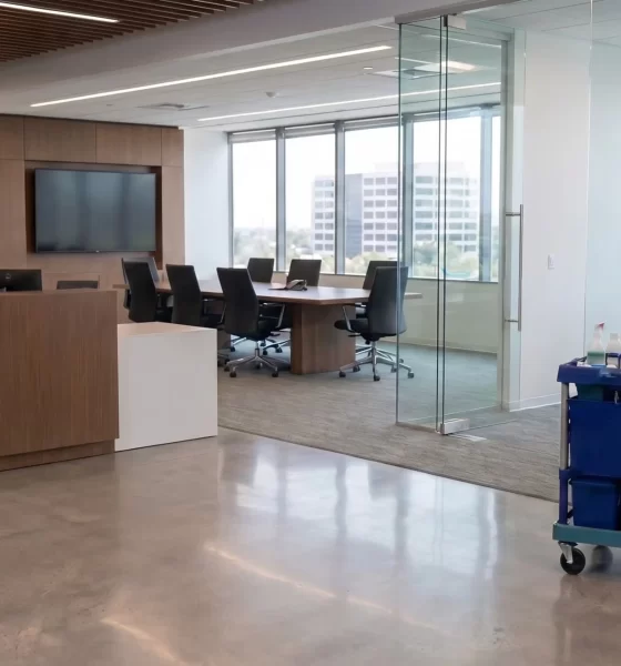 DMS day porter with a cleaning cart in an office lobby