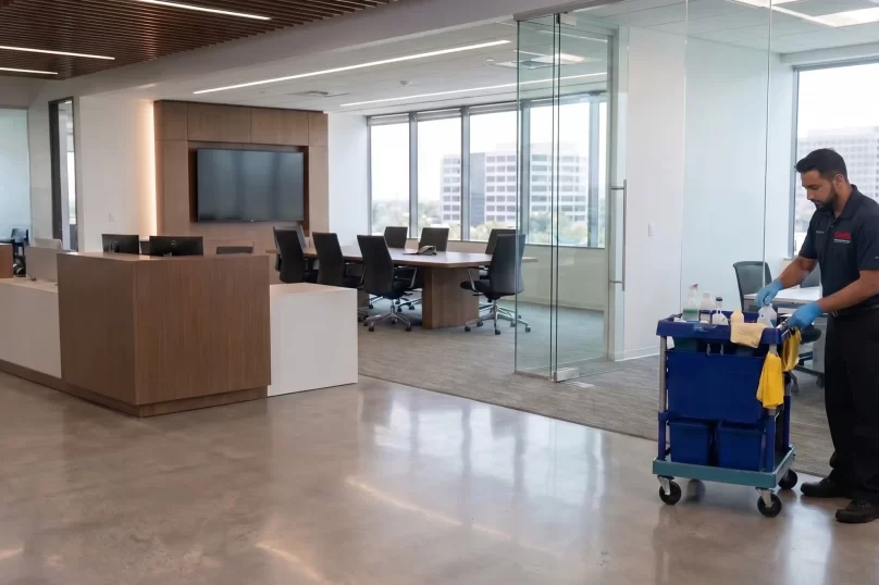 DMS day porter with a cleaning cart in an office lobby