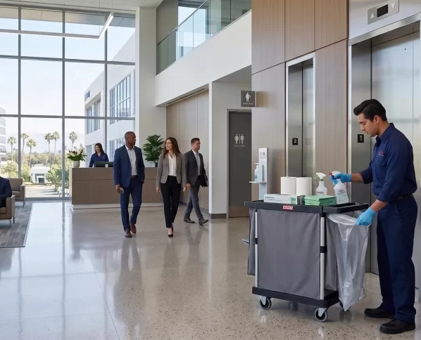 DMS Janitorial day porter restocking supplies near office elevators