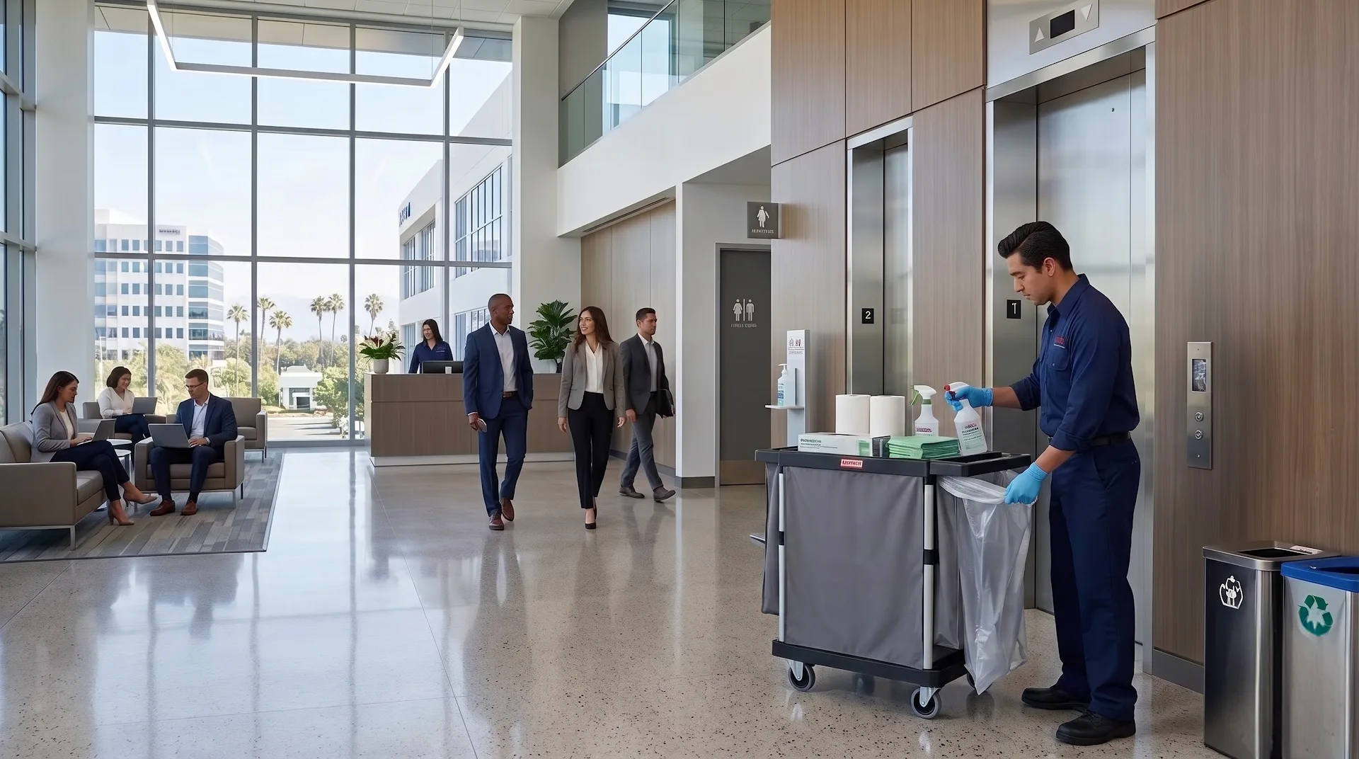 DMS Janitorial day porter restocking supplies near office elevators