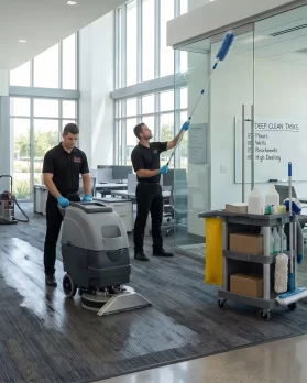 DMS cleaning crew deep cleaning an open office