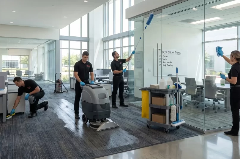 DMS cleaning crew deep cleaning an open office