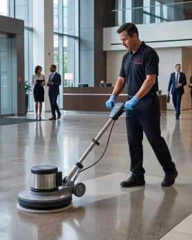 DMS technician polishing a lobby floor with a floor buffer