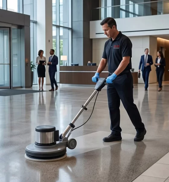 DMS technician polishing a lobby floor with a floor buffer
