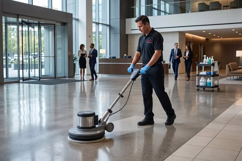 DMS technician polishing a lobby floor with a floor buffer