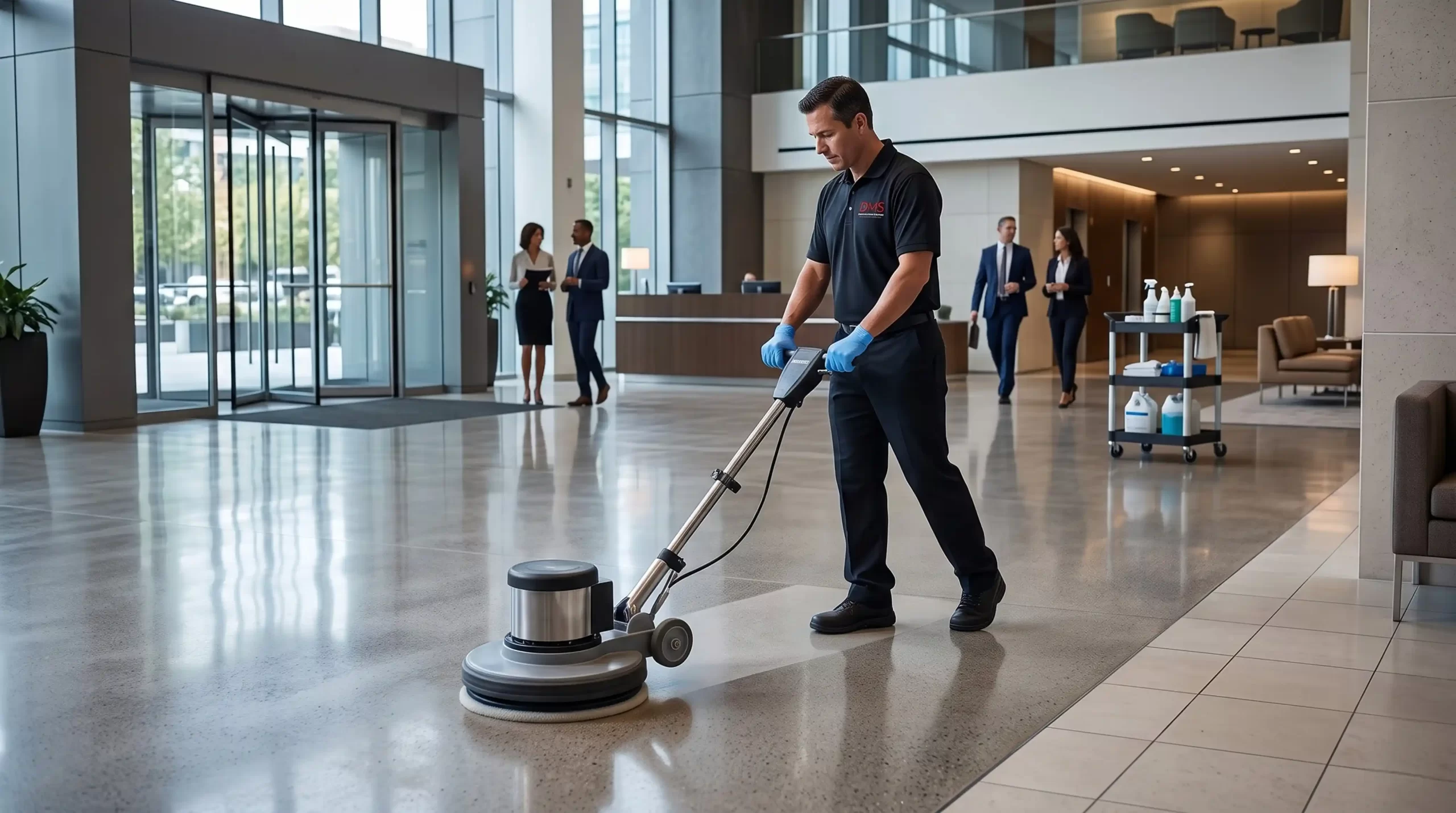 DMS technician polishing a lobby floor with a floor buffer