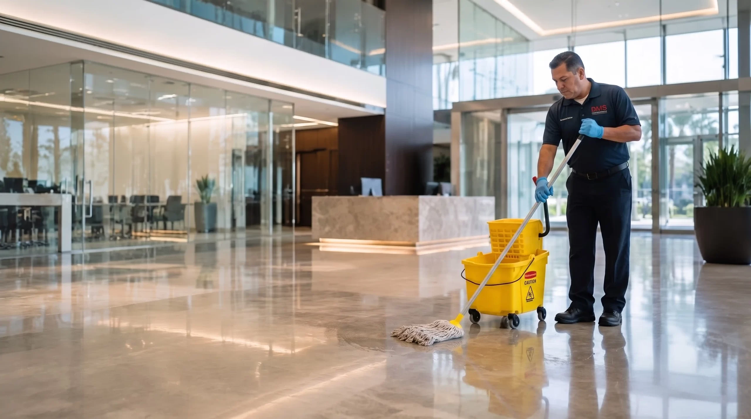 DMS Janitorial team member mopping a commercial office lobby