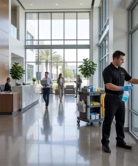 DMS janitor cleaning a glass door in a modern office lobby