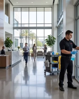 DMS janitor cleaning a glass door in a modern office lobby