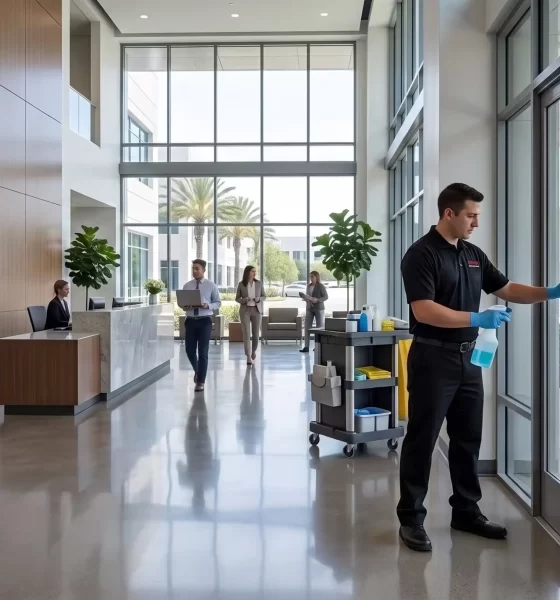 DMS janitor cleaning a glass door in a modern office lobby