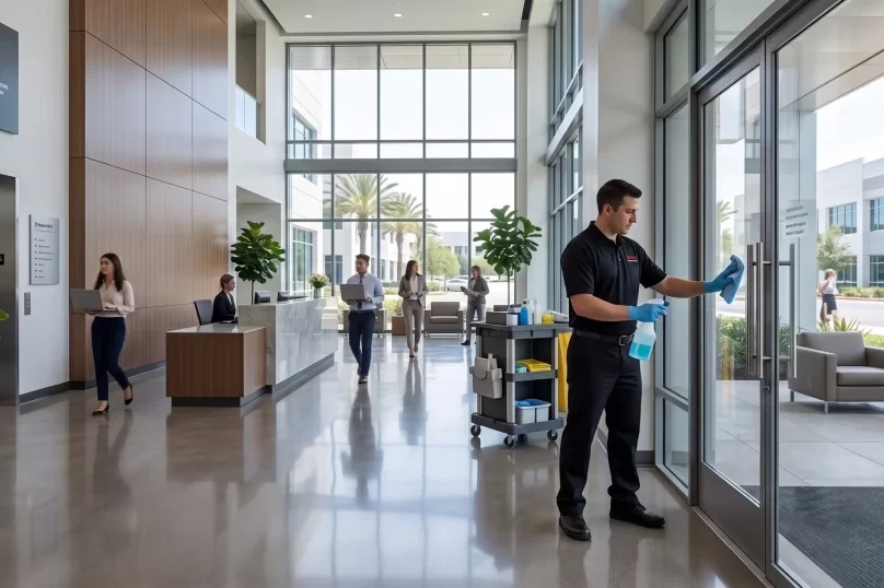 DMS janitor cleaning a glass door in a modern office lobby