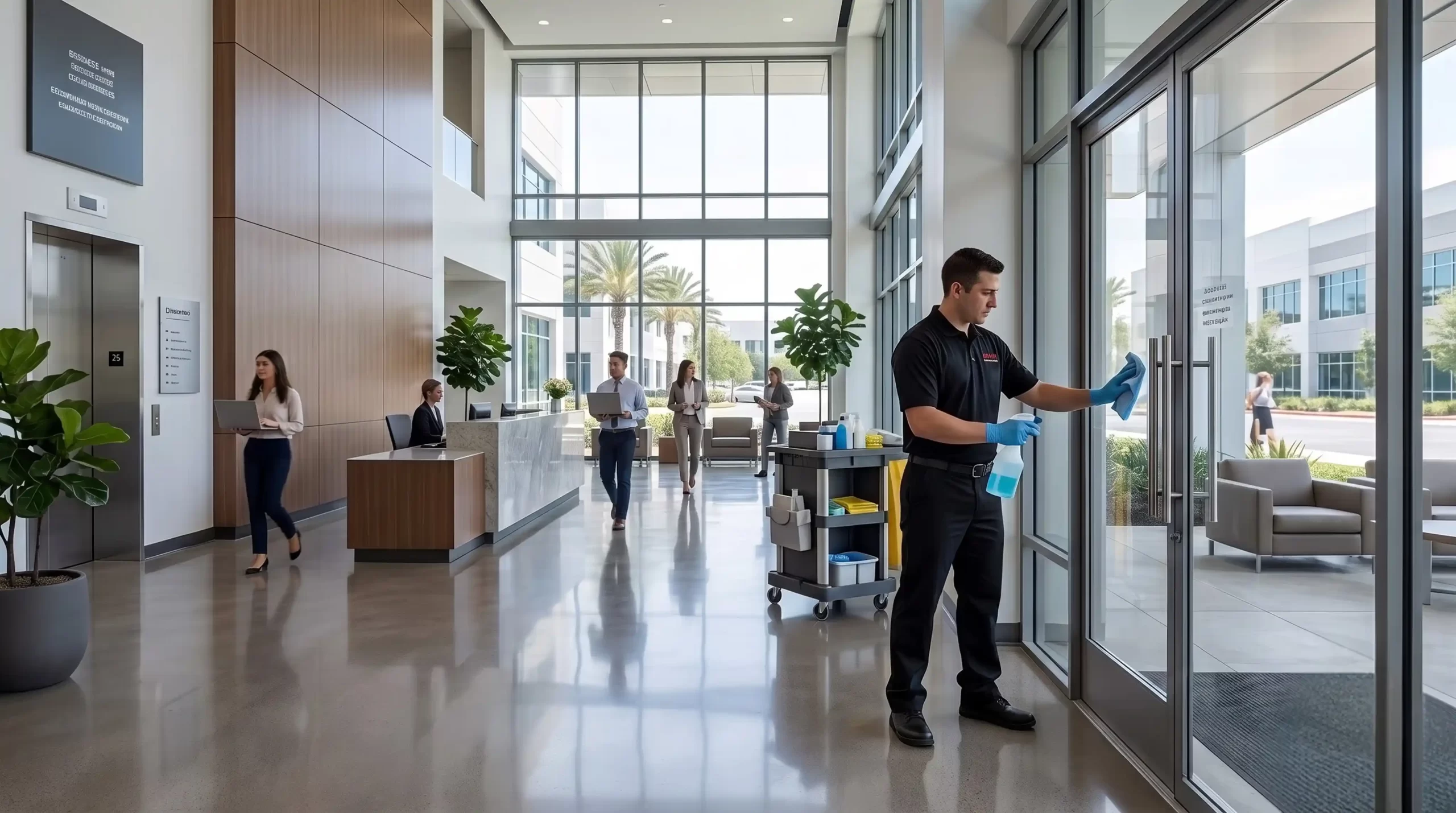 DMS janitor cleaning a glass door in a modern office lobby