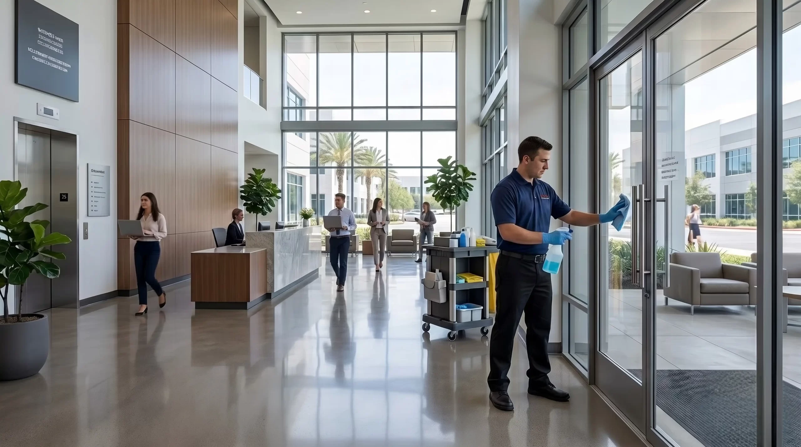 DMS janitor cleaning glass doors at an office building entrance