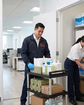 Commercial janitorial supplies stocked on a DMS Janitorial cart
