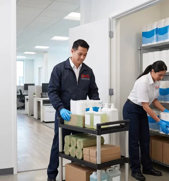 Commercial janitorial supplies stocked on a DMS Janitorial cart