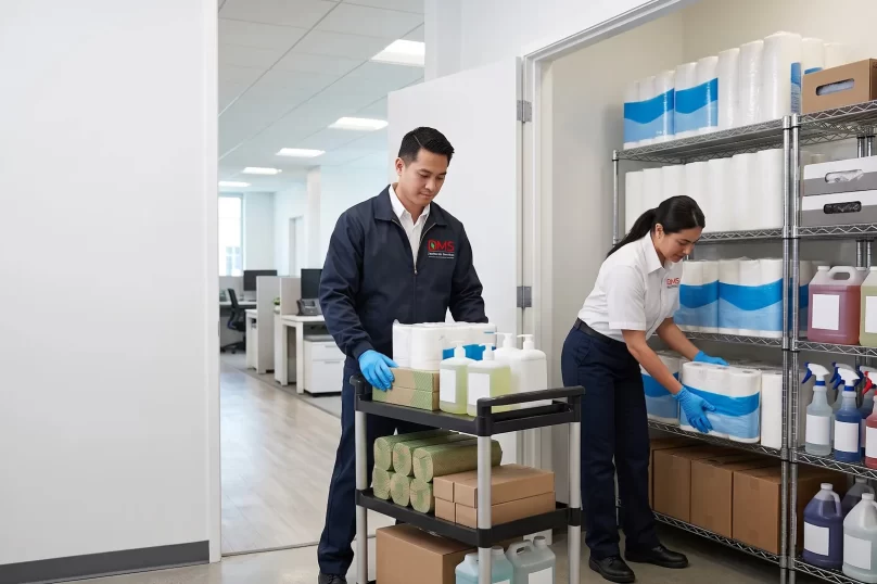 Commercial janitorial supplies stocked on a DMS Janitorial cart