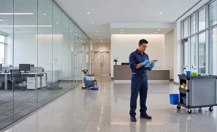 DMS Janitorial supervisor inspecting a commercial cleaning job
