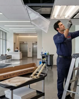 DMS maintenance technician on a ladder servicing an office ceiling light
