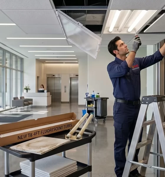 DMS maintenance technician on a ladder servicing an office ceiling light
