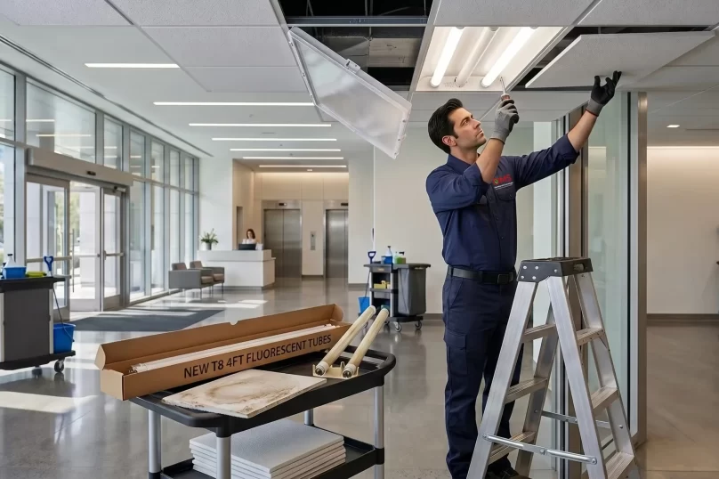 DMS maintenance technician on a ladder servicing an office ceiling light