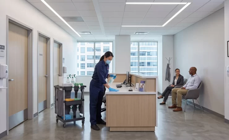 DMS janitor cleaning a medical office reception area