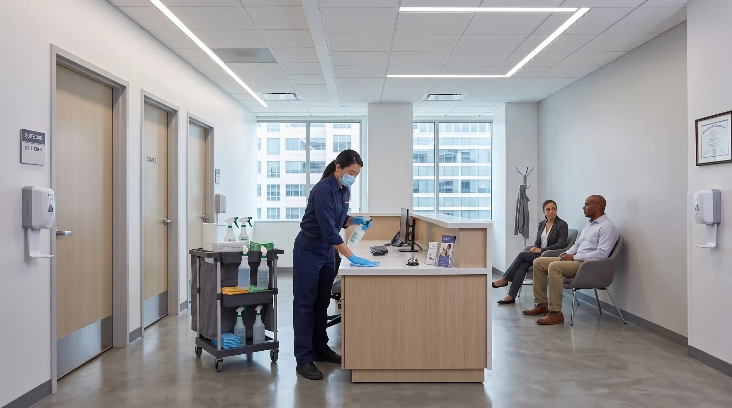DMS janitor cleaning a medical office reception area