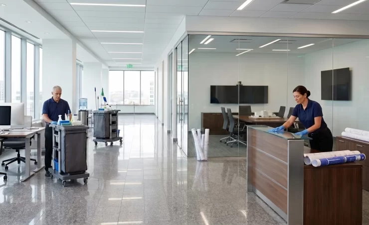 DMS Janitorial cleaning technicians servicing a modern Orange County office