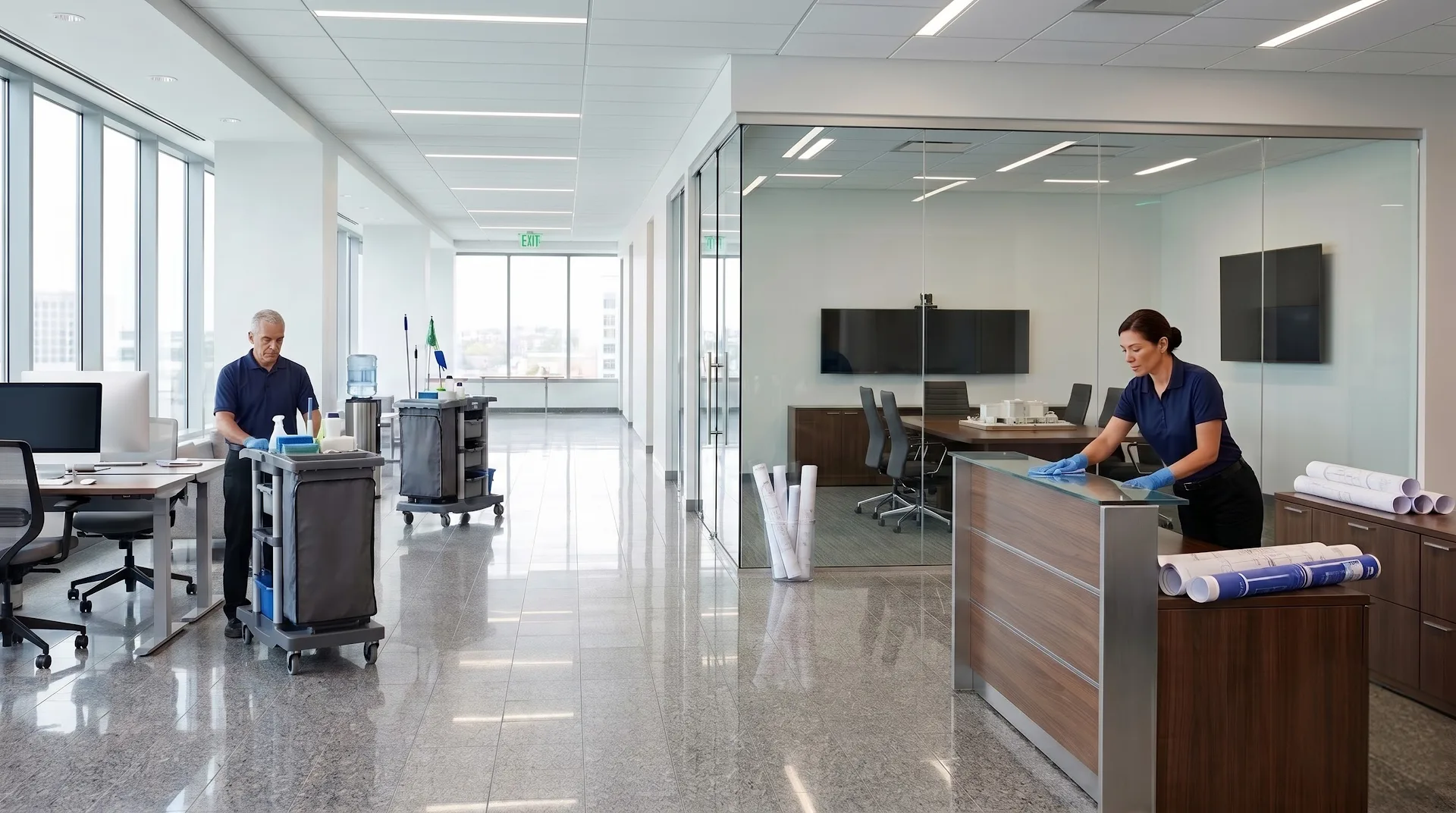 DMS Janitorial cleaning technicians servicing a modern Orange County office