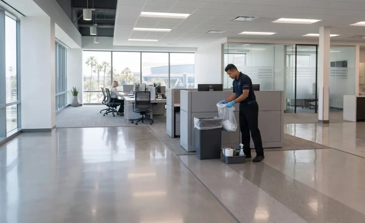 DMS Janitorial day porter replacing a trash liner in an office