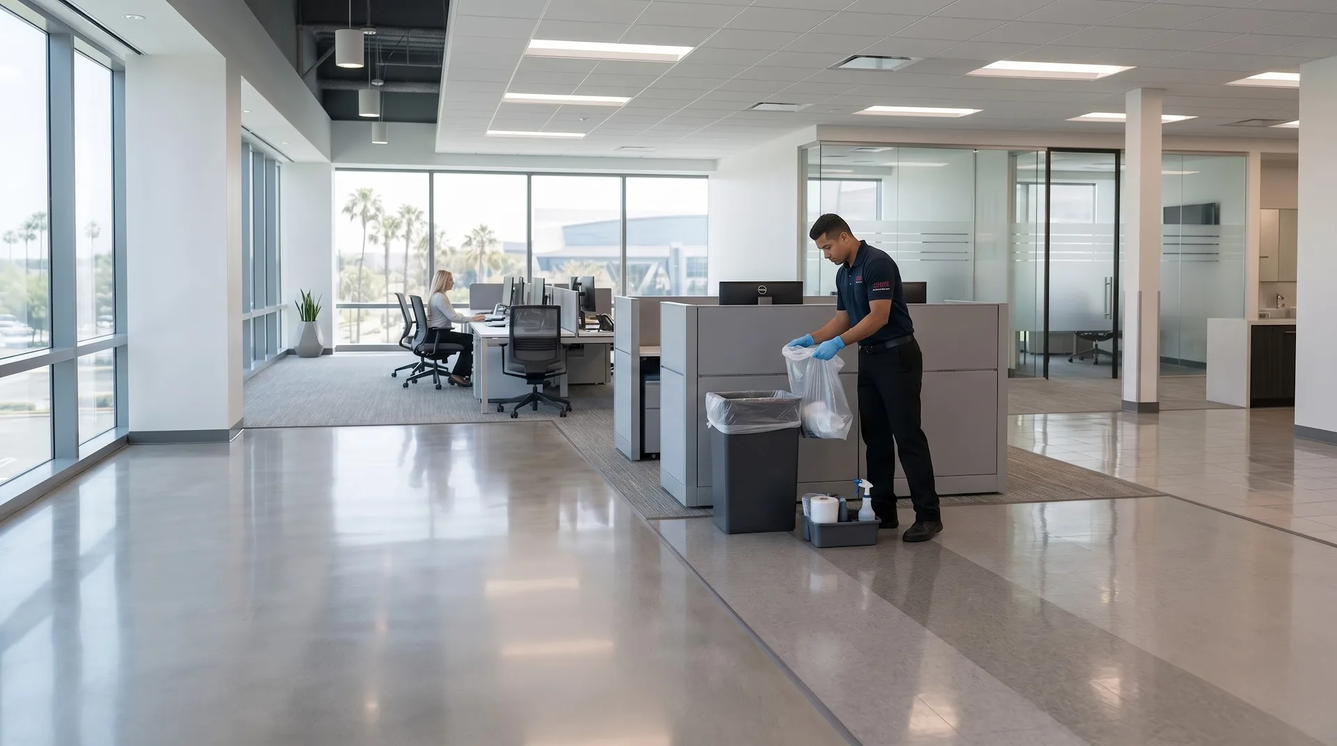 DMS Janitorial day porter replacing a trash liner in an office