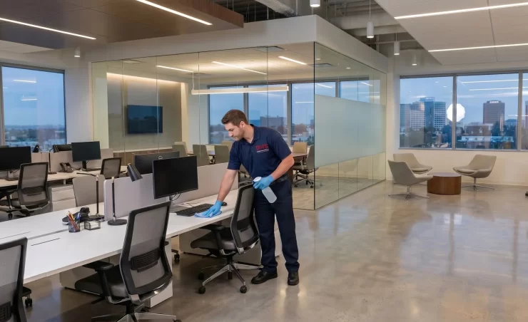 DMS Janitorial technician cleaning a commercial office