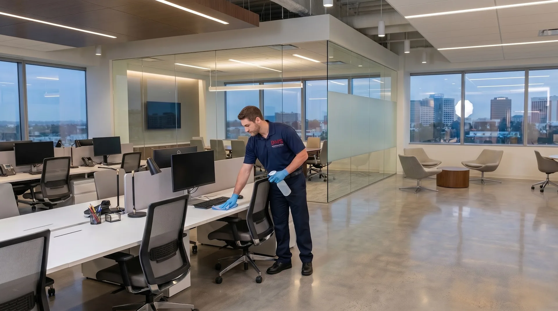 DMS Janitorial technician cleaning a commercial office