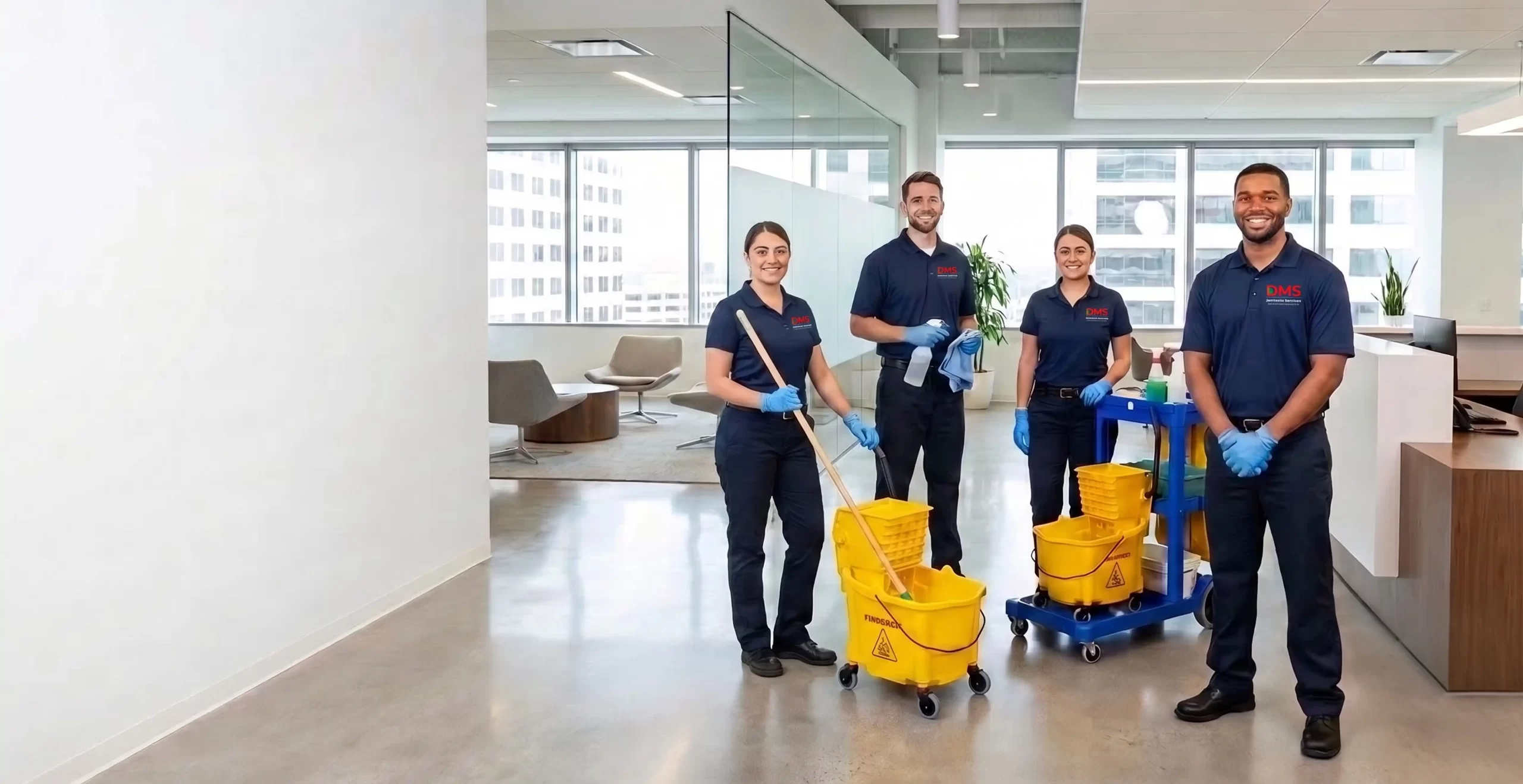 DMS Janitorial cleaning team in uniform inside an office