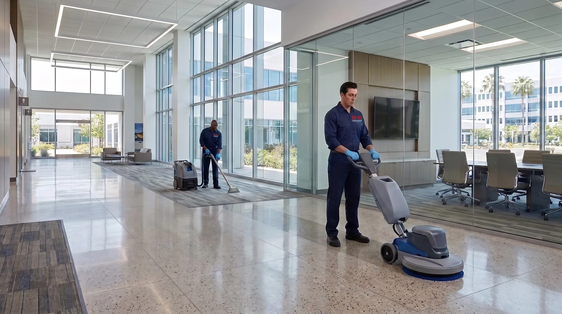 DMS Janitorial technician polishing a commercial floor