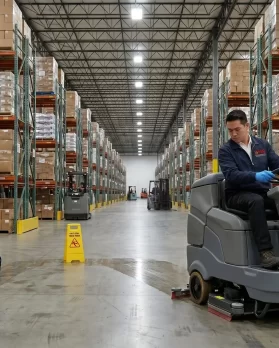 DMS team scrubbing a warehouse floor with a ride-on floor scrubber