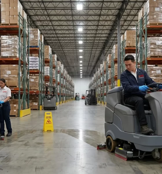 DMS team scrubbing a warehouse floor with a ride-on floor scrubber
