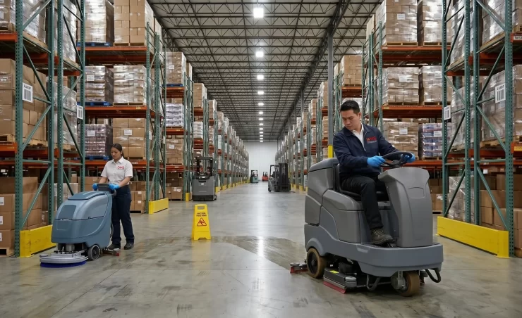 DMS team scrubbing a warehouse floor with a ride-on floor scrubber