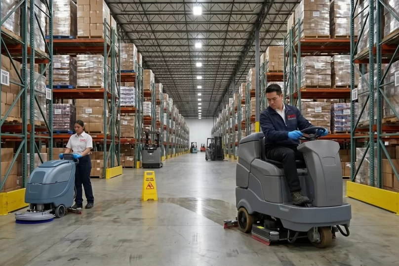 DMS team scrubbing a warehouse floor with a ride-on floor scrubber